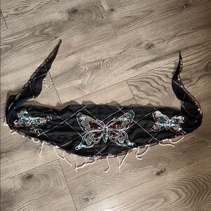 Sheer Black Scarf with Sequined Butterfly Design